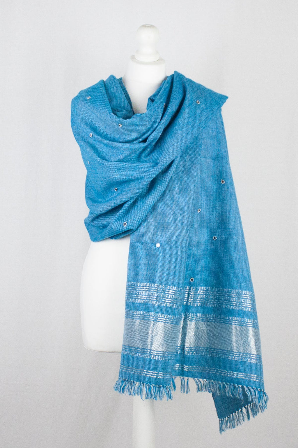 Turquoise Mirror Work Lurex Border Wool Shawl