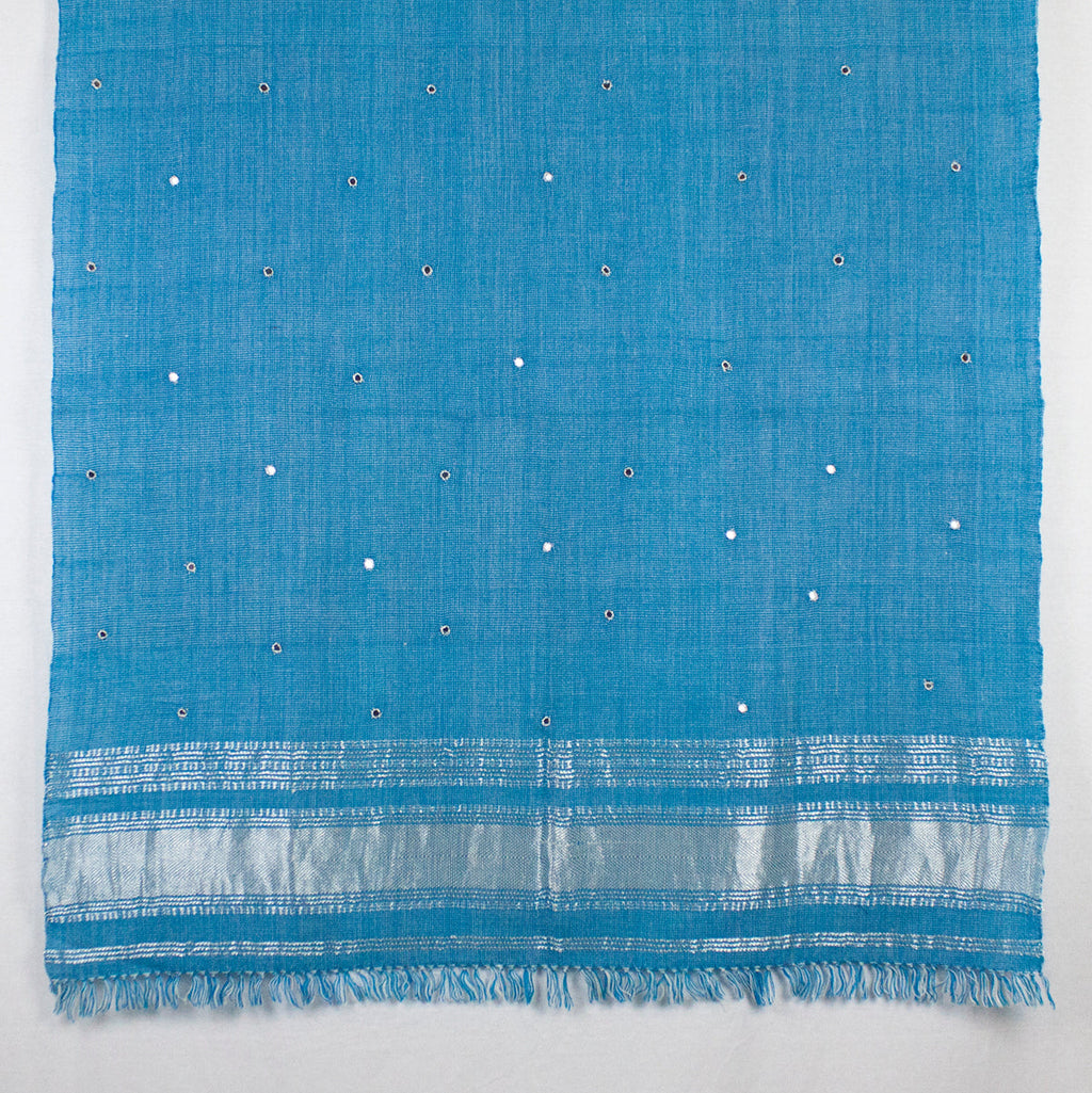 Turquoise Mirror Work Lurex Border Wool Shawl