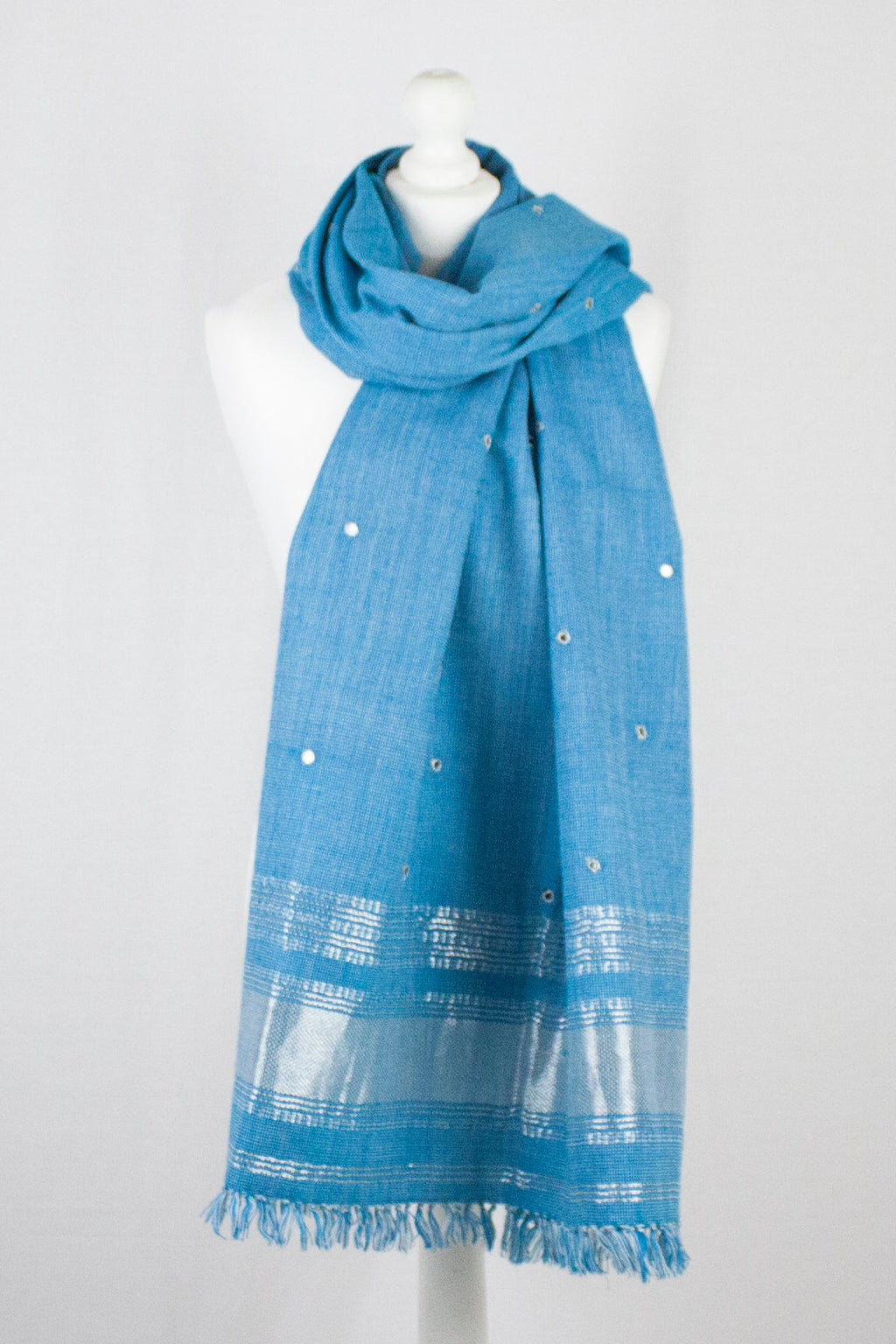 Turquoise Mirror Work Lurex Border Wool Shawl