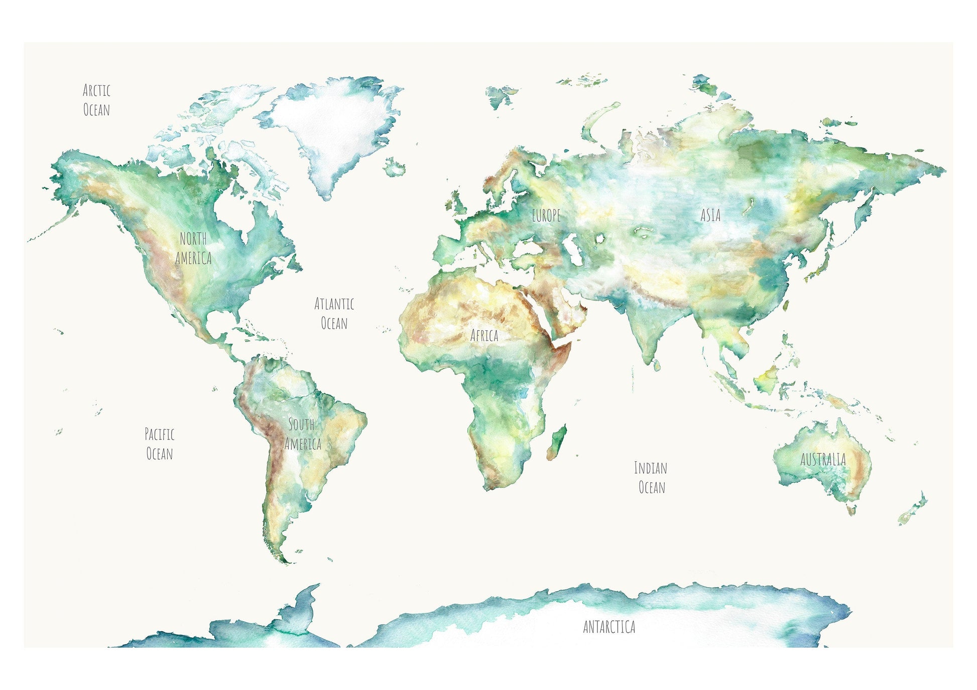 Hand Painted Wildlife World Map Print for Children