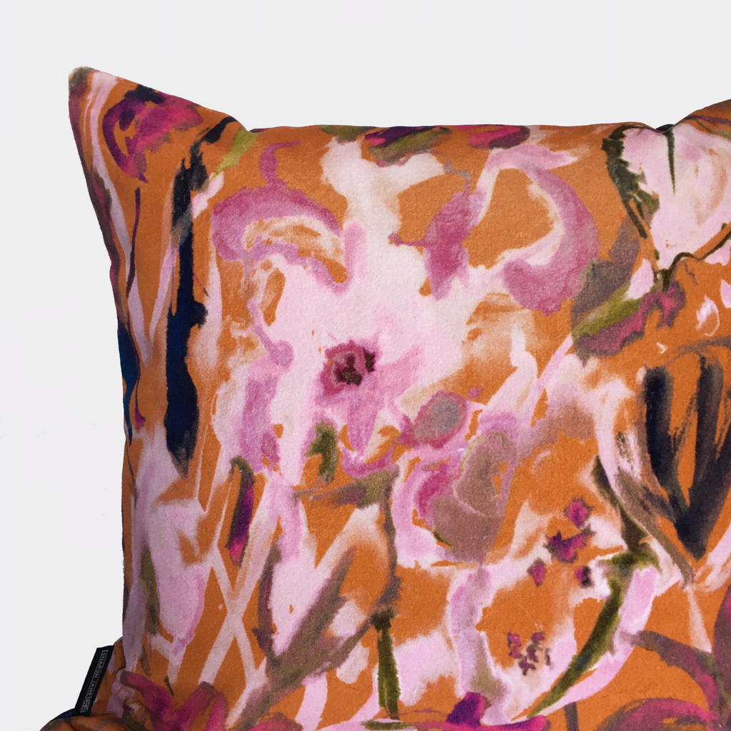 Large Watercolour Floral Velvet Cushion - Burnt Orange