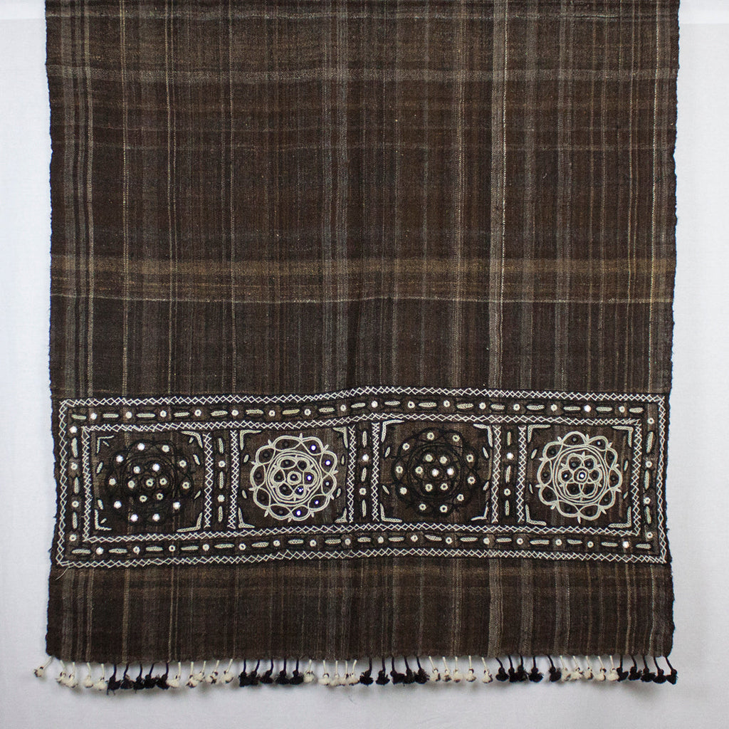 Brown Handspun Handwoven Wool Shawl with Embroidered Rabari Detail