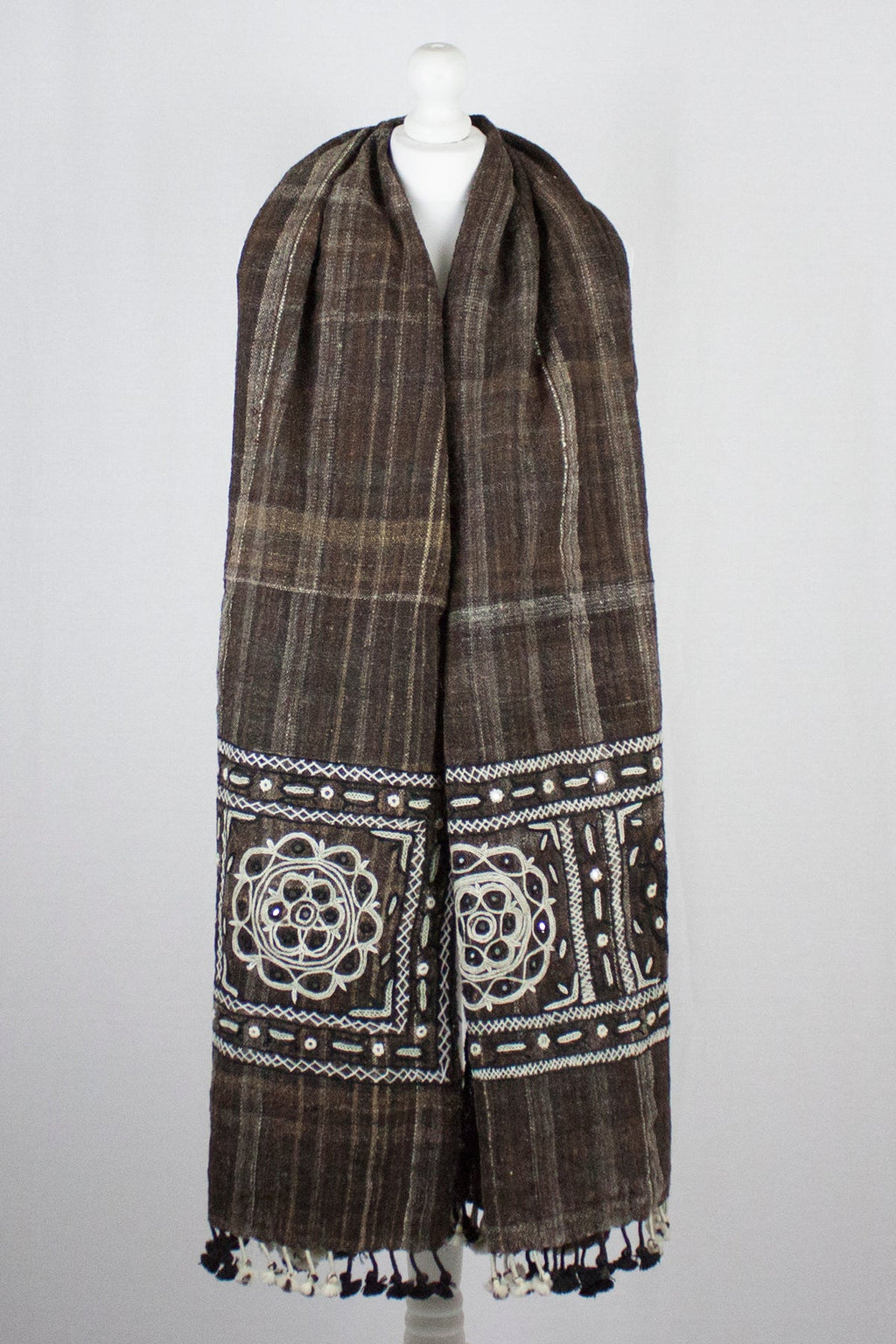Brown Handspun Handwoven Wool Shawl with Embroidered Rabari Detail