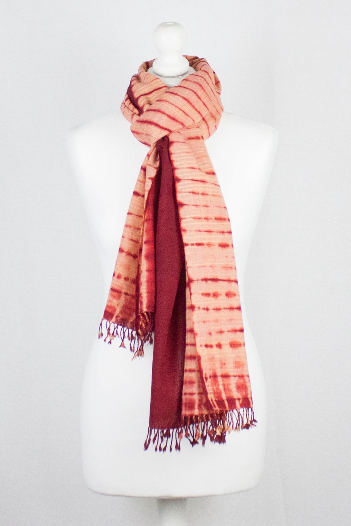 Shibori Dyed Handwoven Wool Scarf in Peach Red