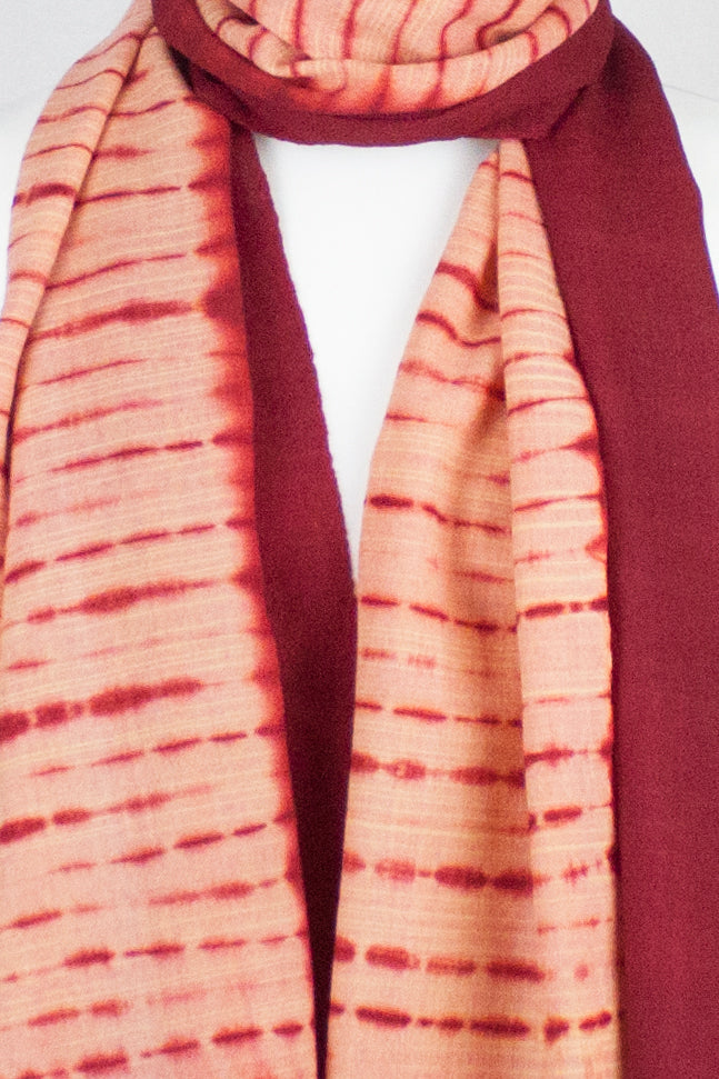 Shibori Dyed Handwoven Wool Scarf in Peach Red