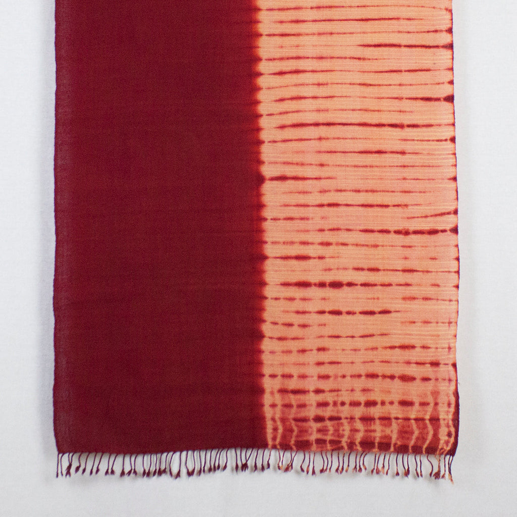Shibori Dyed Handwoven Wool Scarf in Peach Red