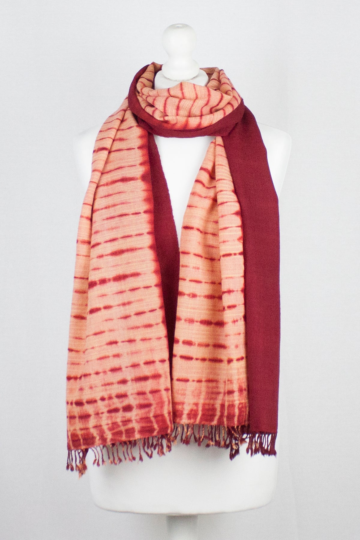 Shibori Dyed Handwoven Wool Scarf in Peach Red