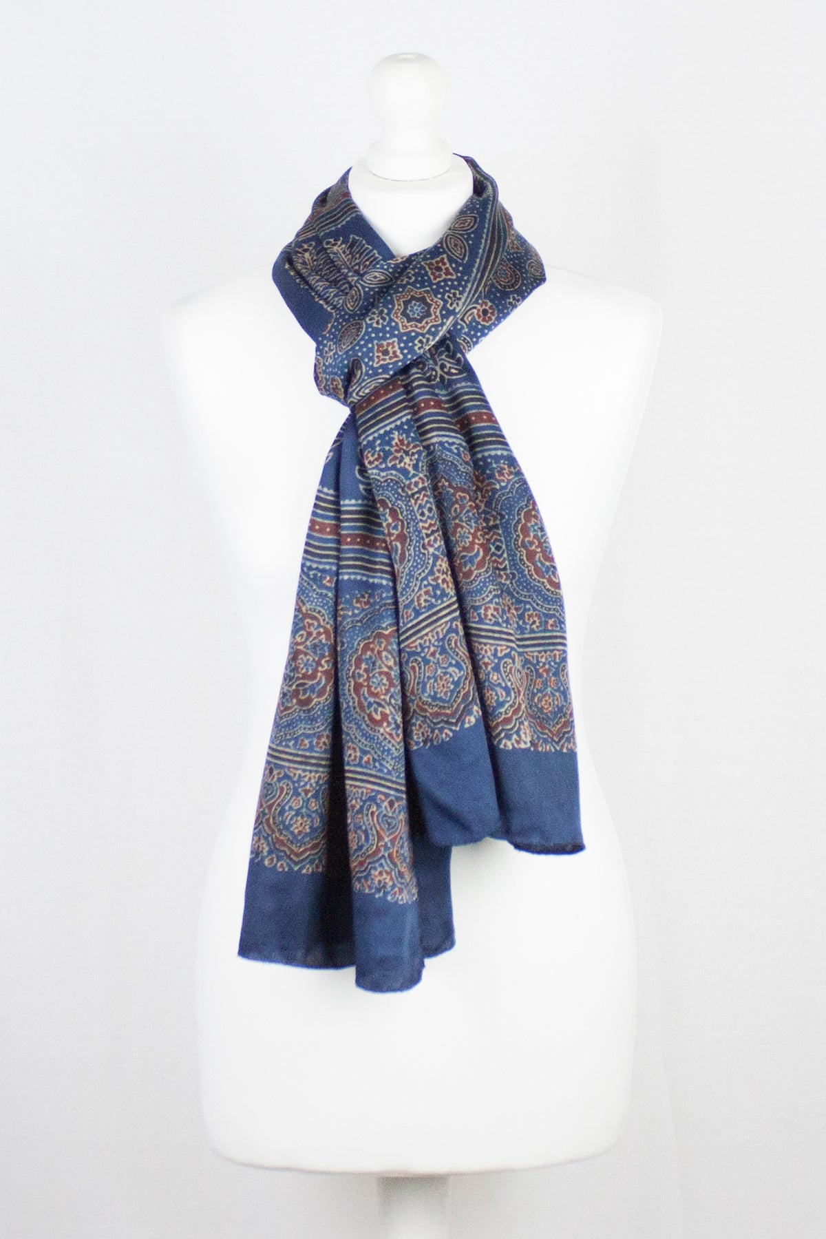Traditional Geometric and Paisley Block Print Scarf in Blue Red