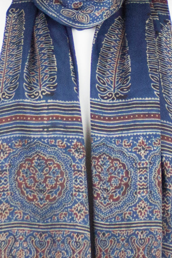 Traditional Geometric and Paisley Block Print Scarf in Blue Red