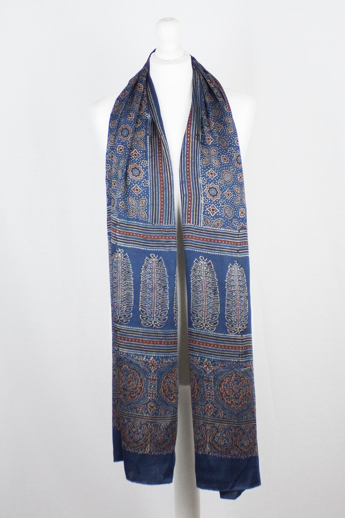 Traditional Geometric and Paisley Block Print Scarf in Blue Red