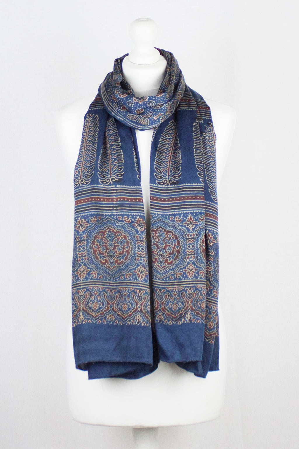 Traditional Geometric and Paisley Block Print Scarf in Blue Red