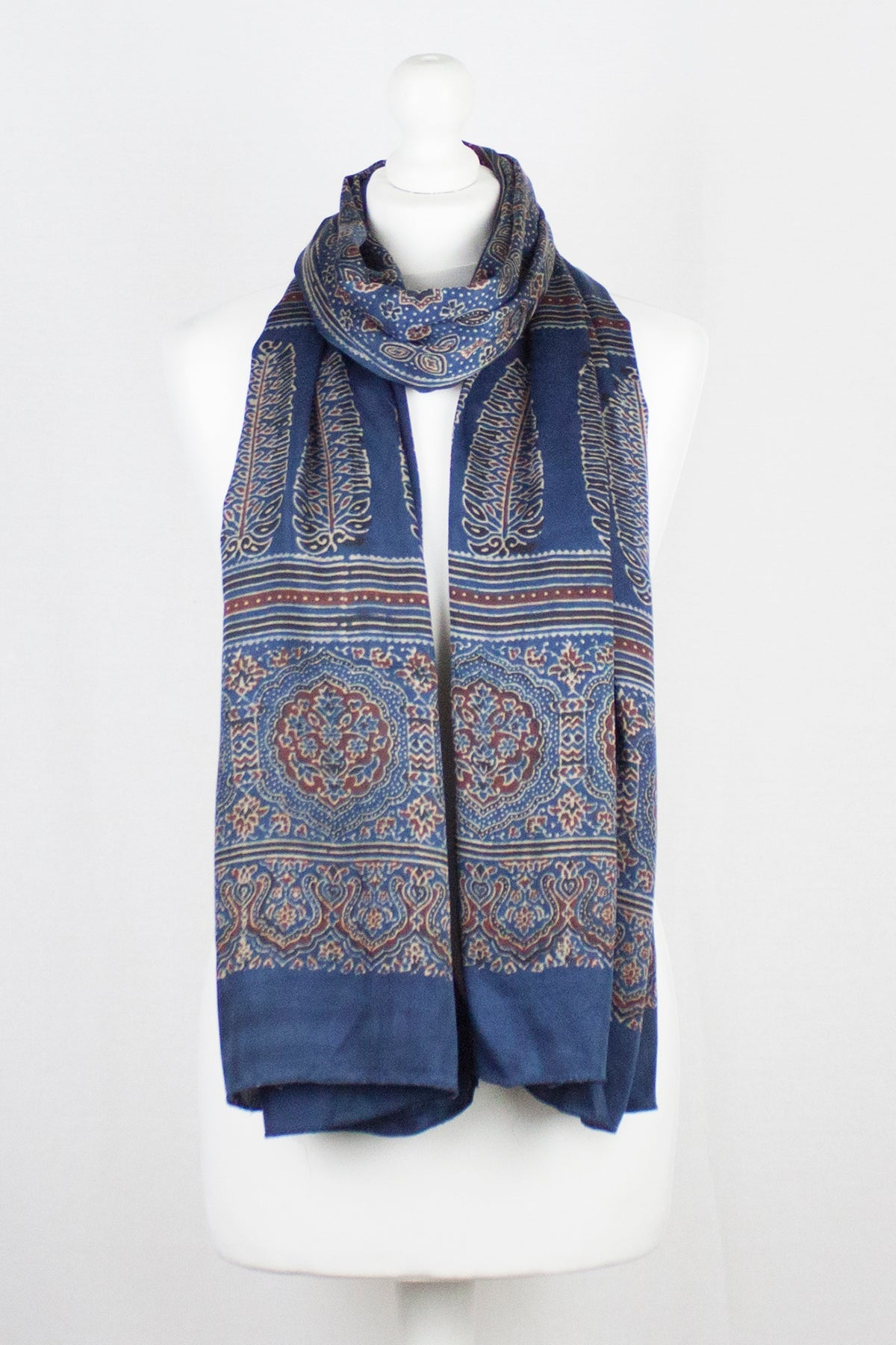 Traditional Geometric and Paisley Block Print Scarf in Blue Red