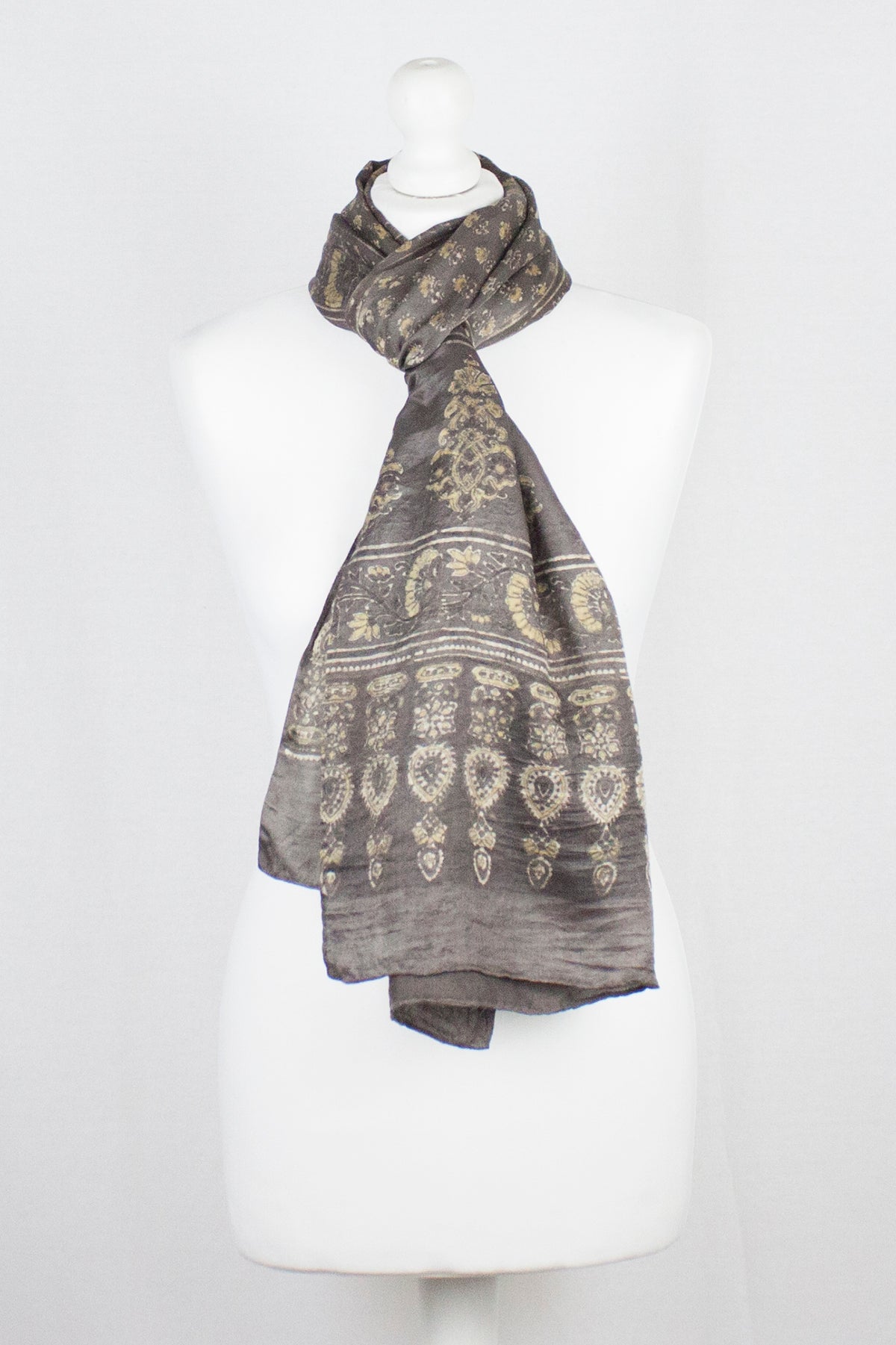 Ditsy Flower Ajrakh Print Silk Scarf in Brown and Yellow