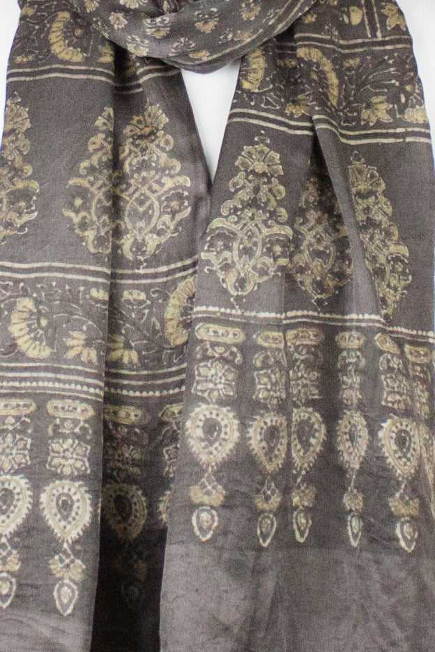 Ditsy Flower Ajrakh Print Silk Scarf in Brown and Yellow