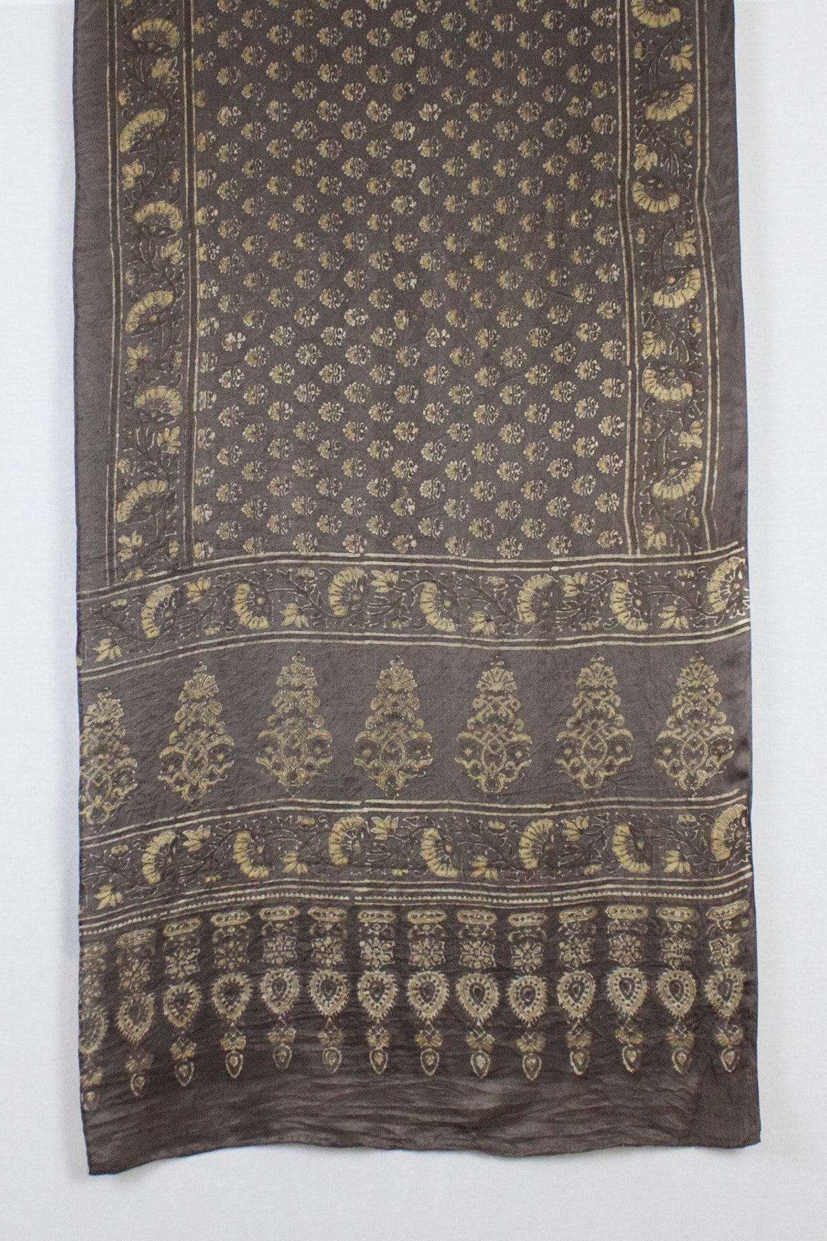 Ditsy Flower Ajrakh Print Silk Scarf in Brown and Yellow
