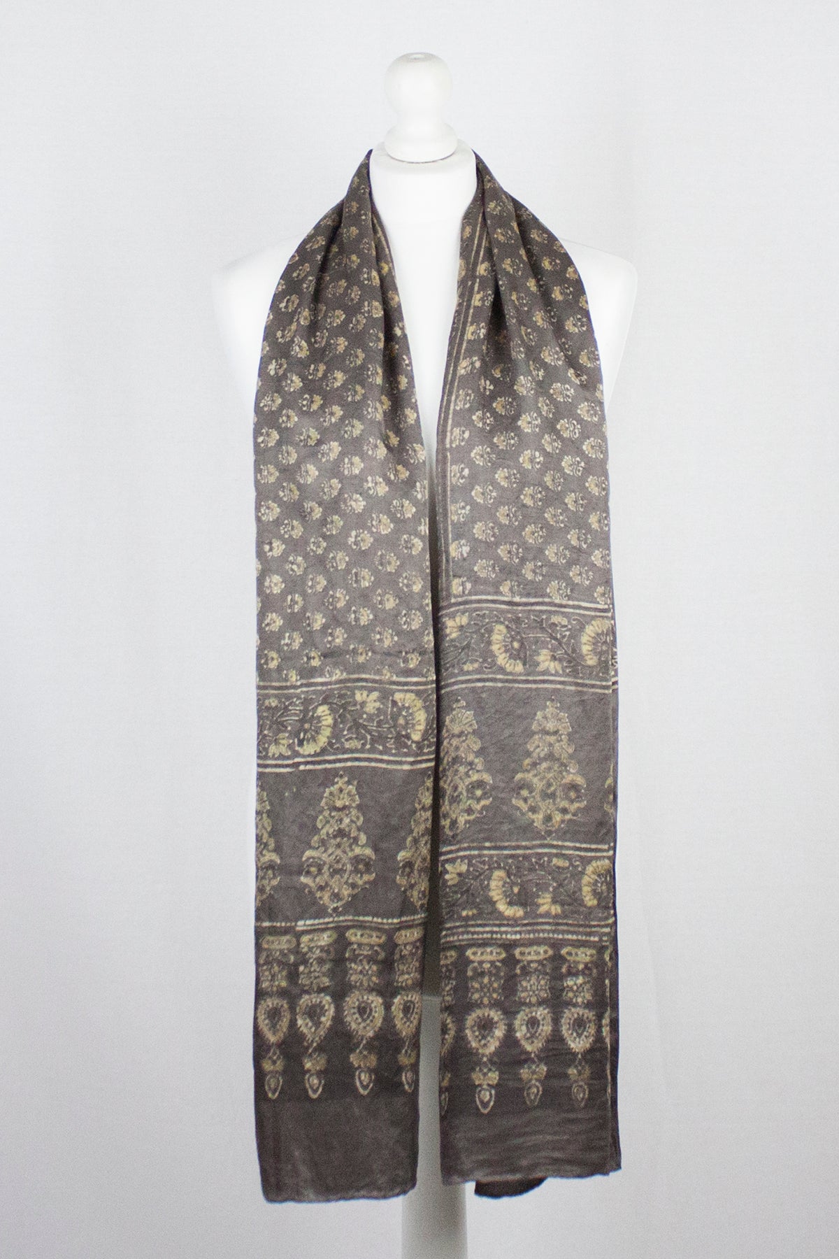 Ditsy Flower Ajrakh Print Silk Scarf in Brown and Yellow