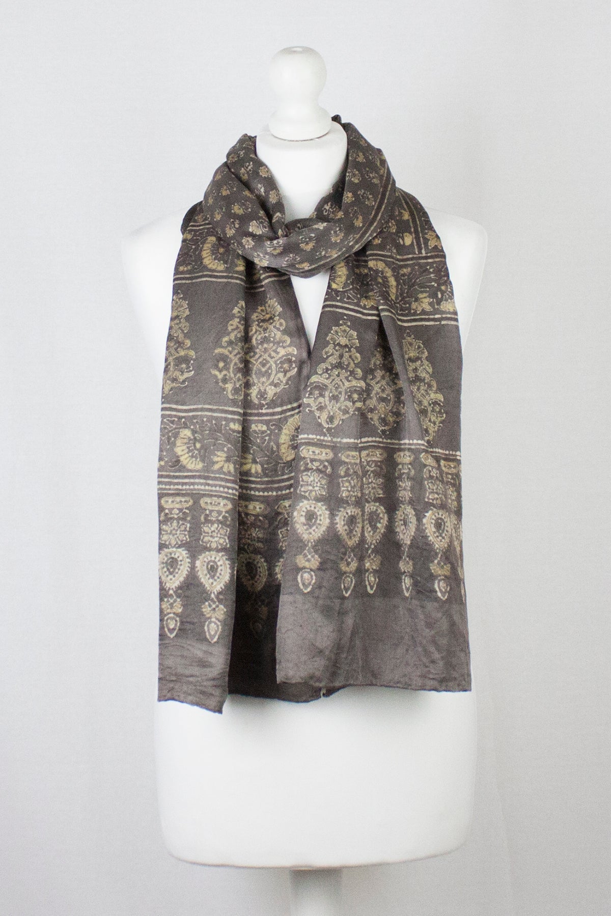 Ditsy Flower Ajrakh Print Silk Scarf in Brown and Yellow