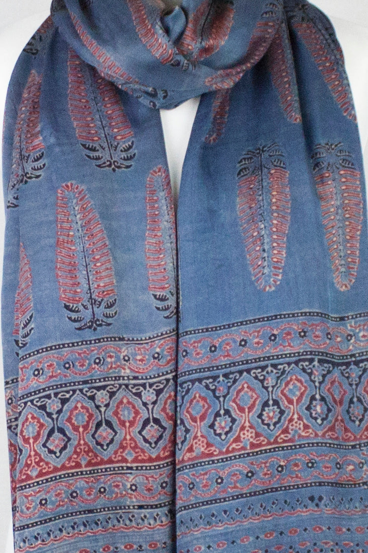 Tree Motif Ajrakh Print Silk Scarf in Blue Red
