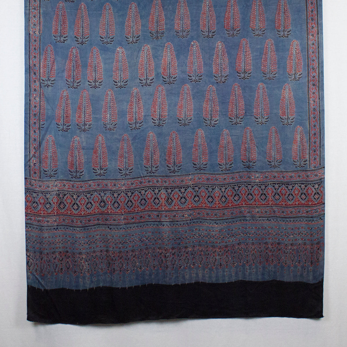 Tree Motif Ajrakh Print Silk Scarf in Blue Red