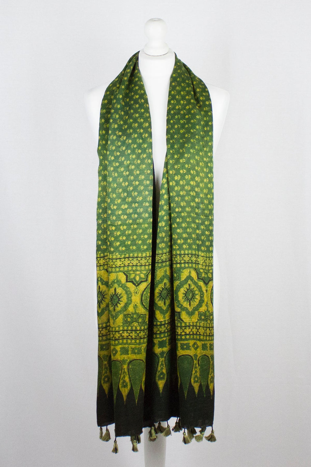 Ditsy Flower Ajrakh Block Print Silk Scarf in Green Yellow