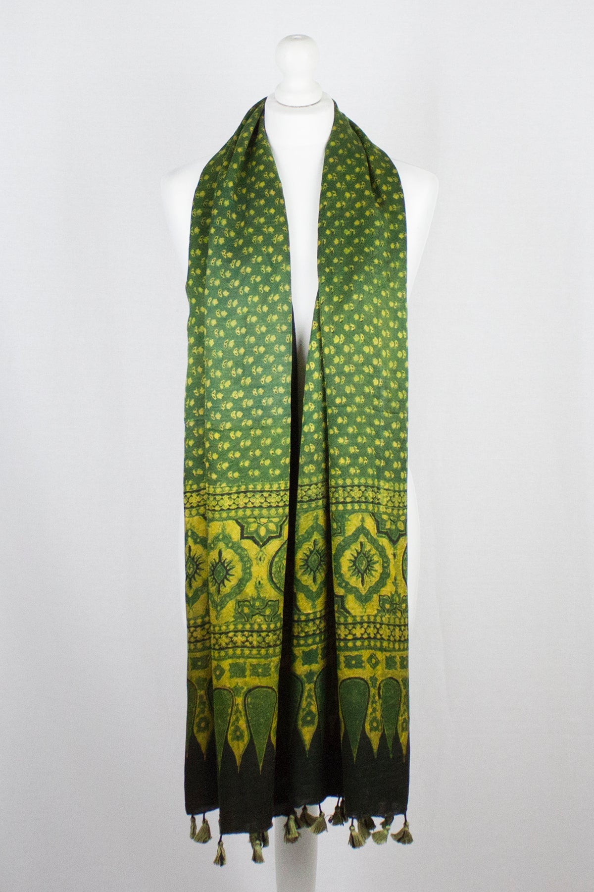 Ditsy Flower Ajrakh Block Print Silk Scarf in Green Yellow