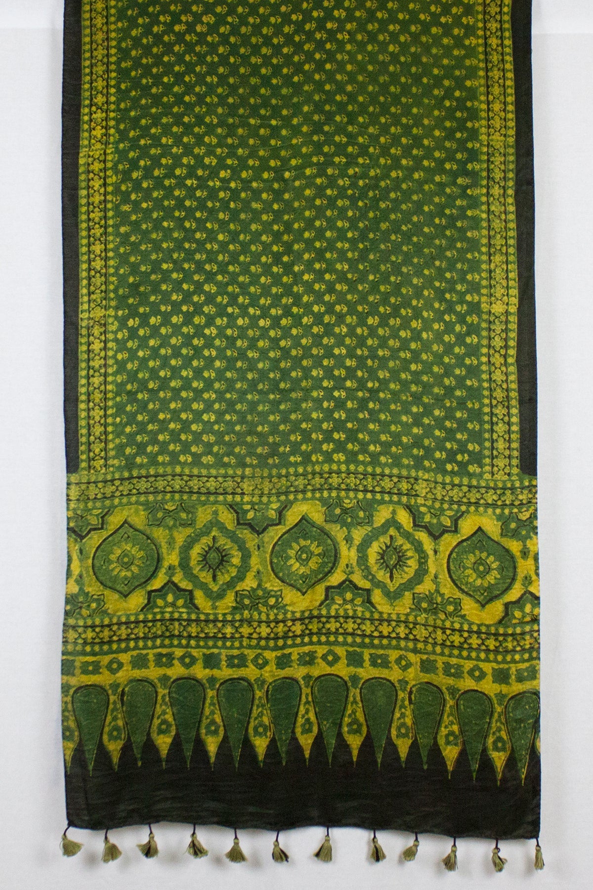 Ditsy Flower Ajrakh Block Print Silk Scarf in Green Yellow