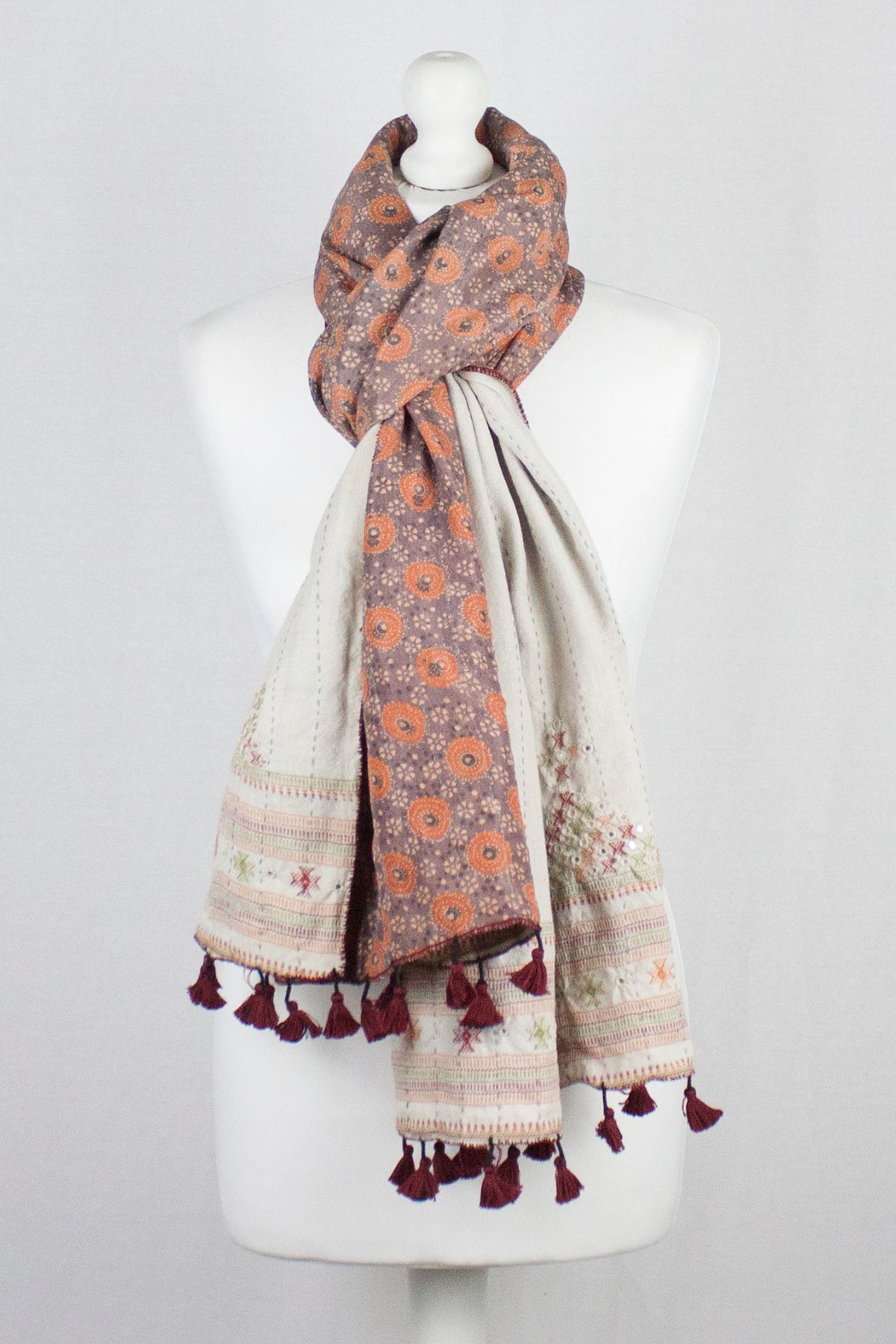 Double Sided Ajrakh Print Silk and Wool Embroidered Scarf in Orange and Off White