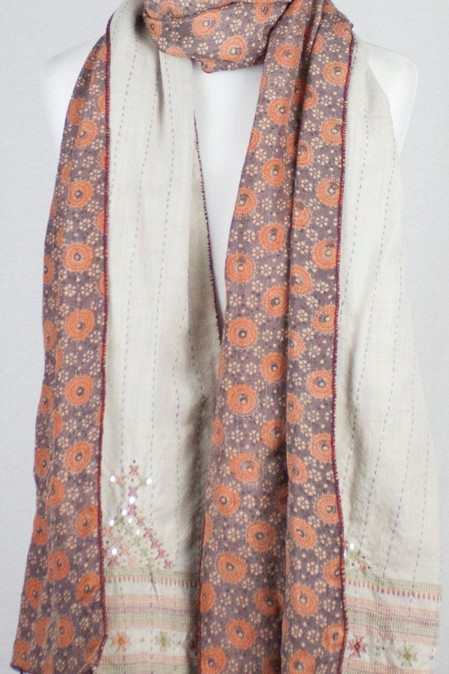 Double Sided Ajrakh Print Silk and Wool Embroidered Scarf in Orange and Off White