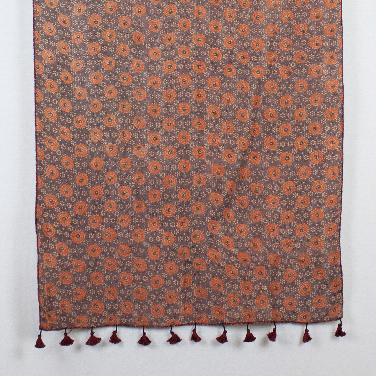 Double Sided Ajrakh Print Silk and Wool Embroidered Scarf in Orange and Off White
