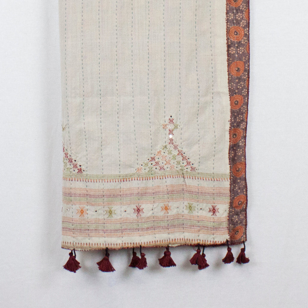Double Sided Ajrakh Print Silk and Wool Embroidered Scarf in Orange and Off White