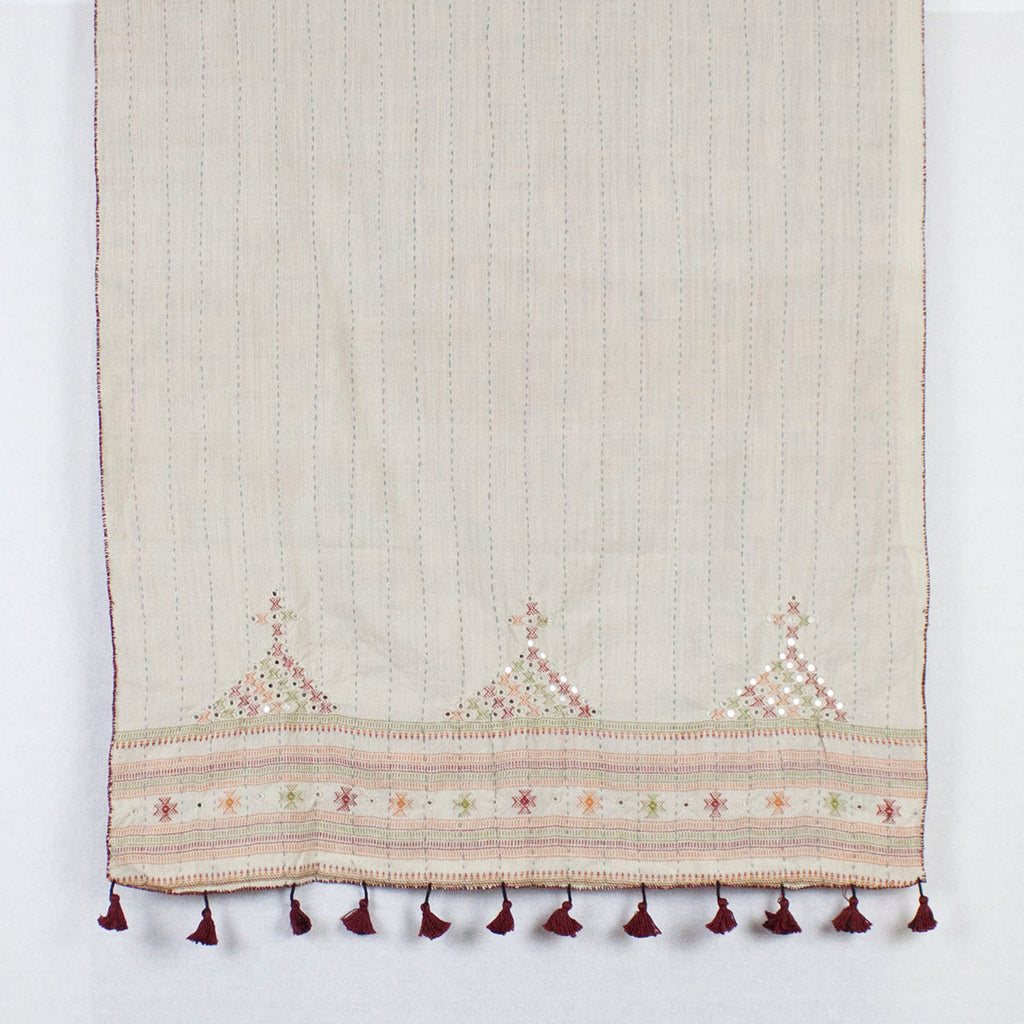 Double Sided Ajrakh Print Silk and Wool Embroidered Scarf in Orange and Off White