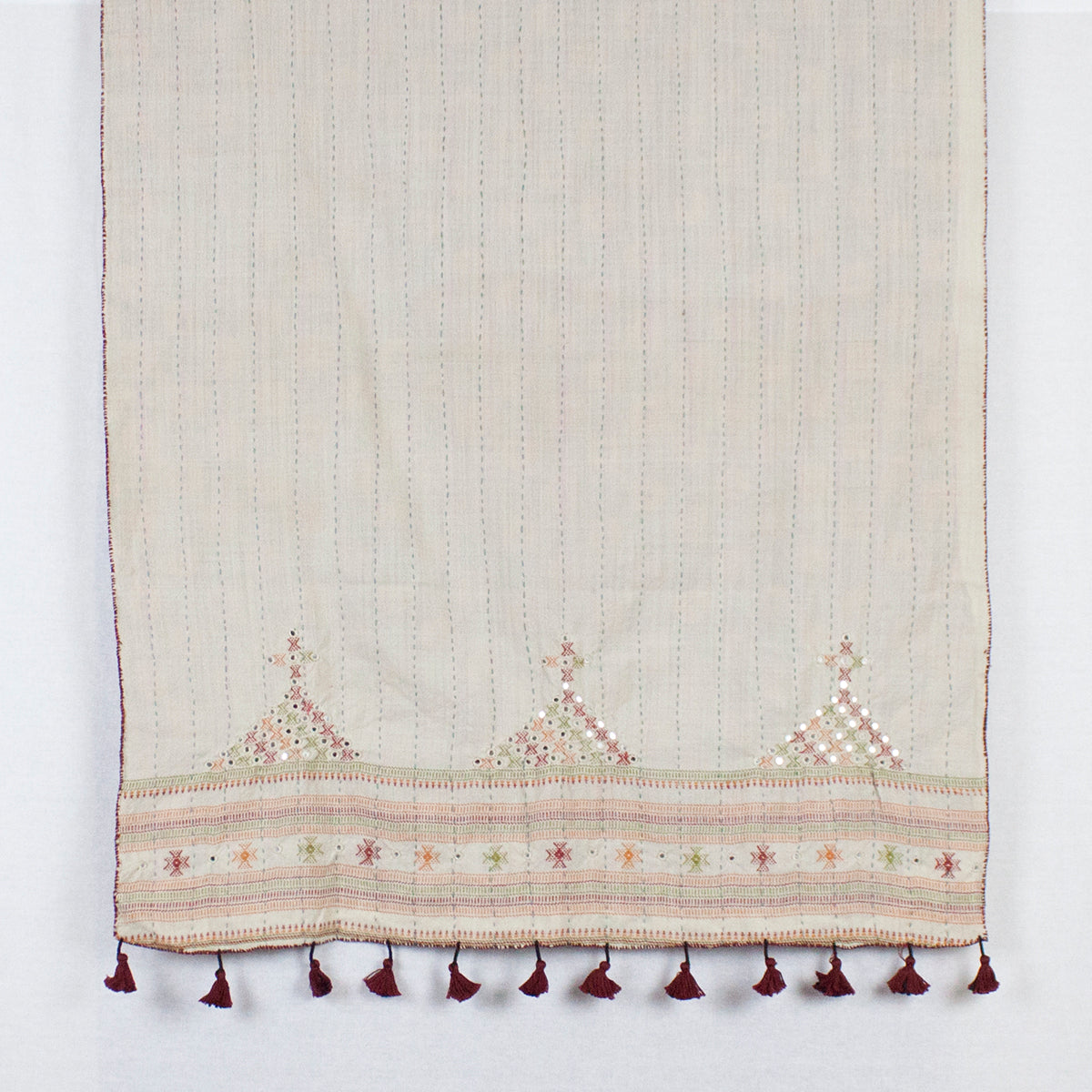 Double Sided Ajrakh Print Silk and Wool Embroidered Scarf in Orange and Off White