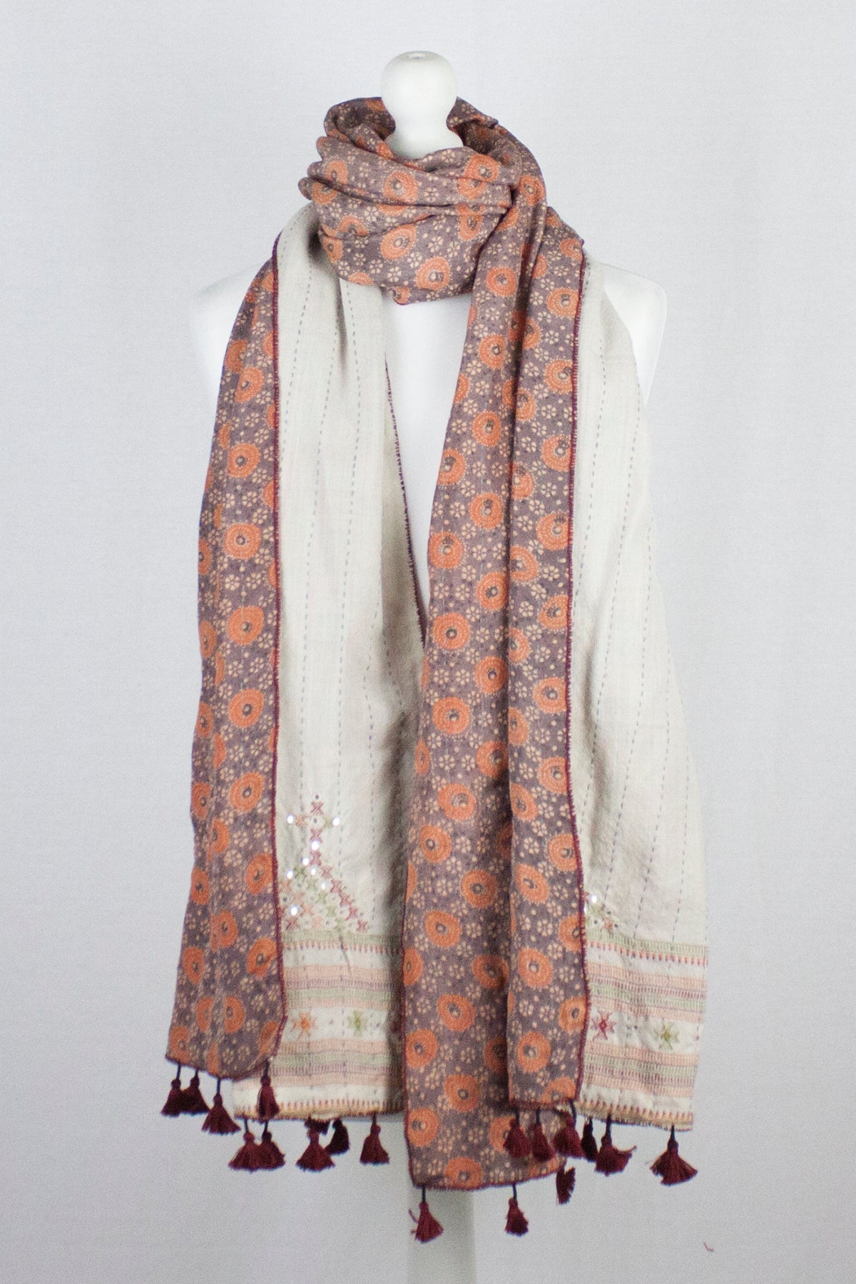 Double Sided Ajrakh Print Silk and Wool Embroidered Scarf in Orange and Off White