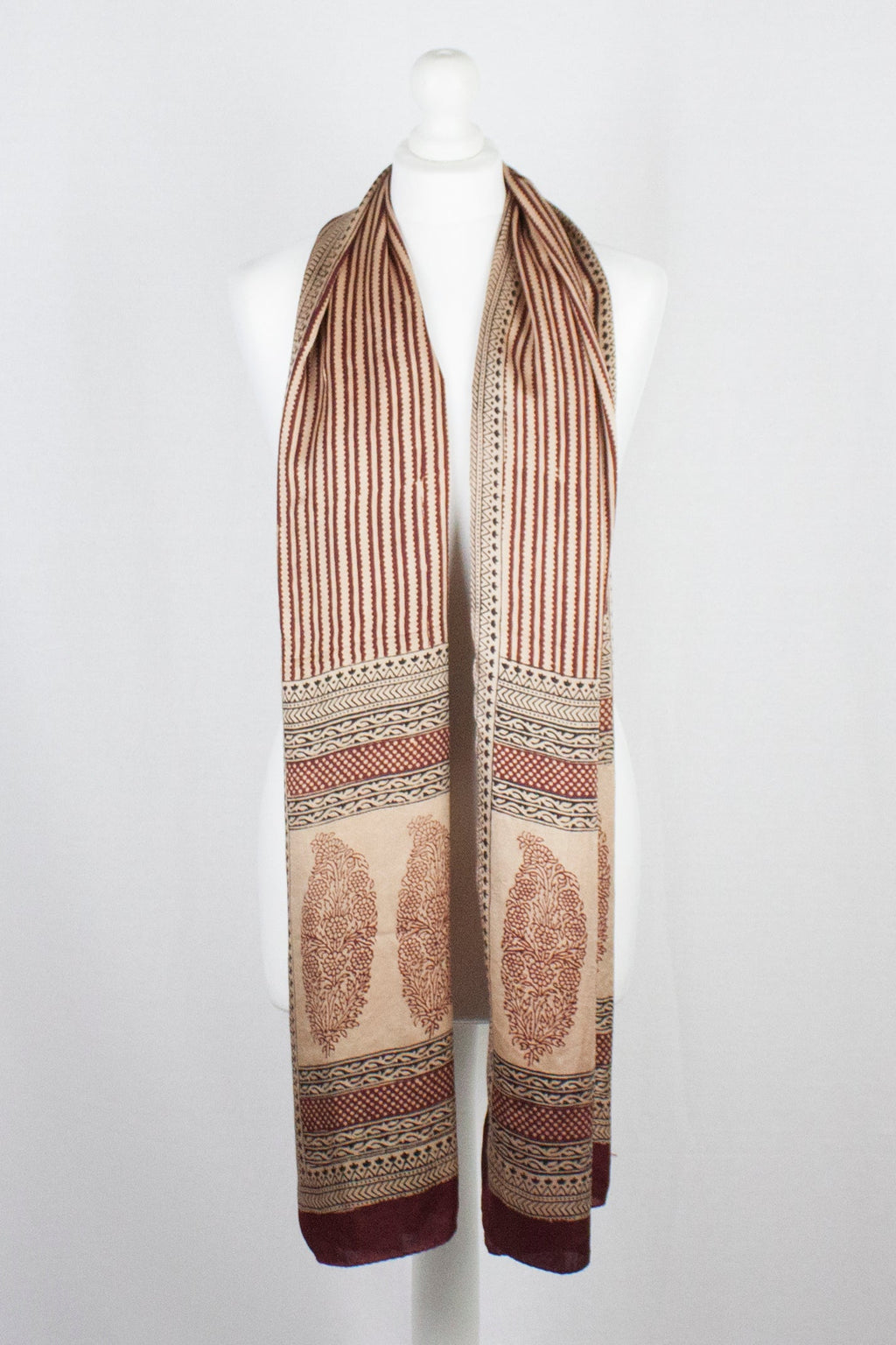 Red Edgy Stripes Hand Block Print Silk Scarf