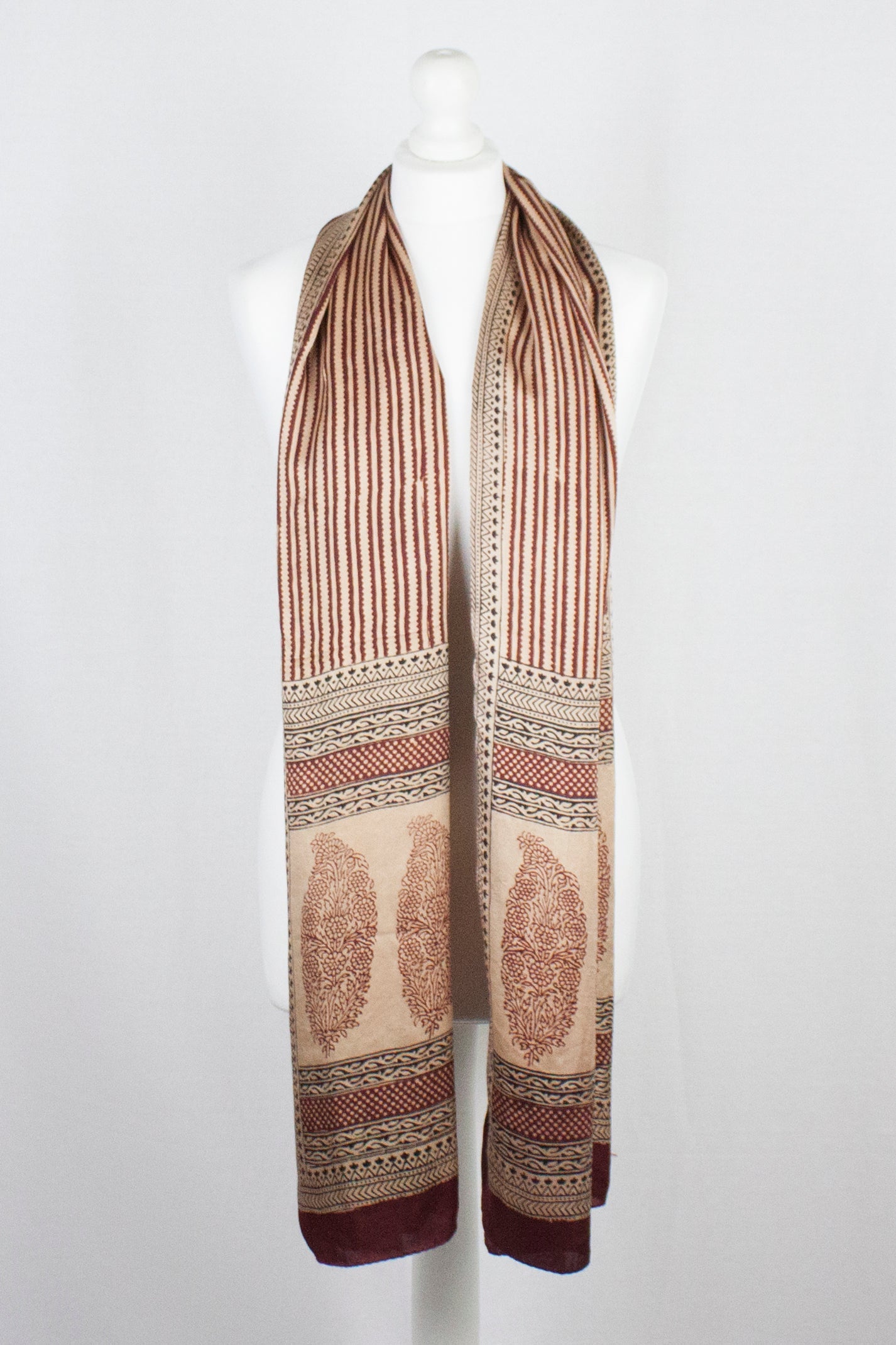 Red Edgy Stripes Hand Block Print Silk Scarf