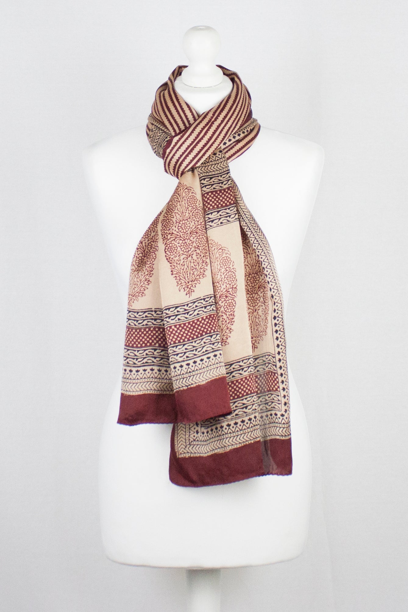 Red Edgy Stripes Hand Block Print Silk Scarf