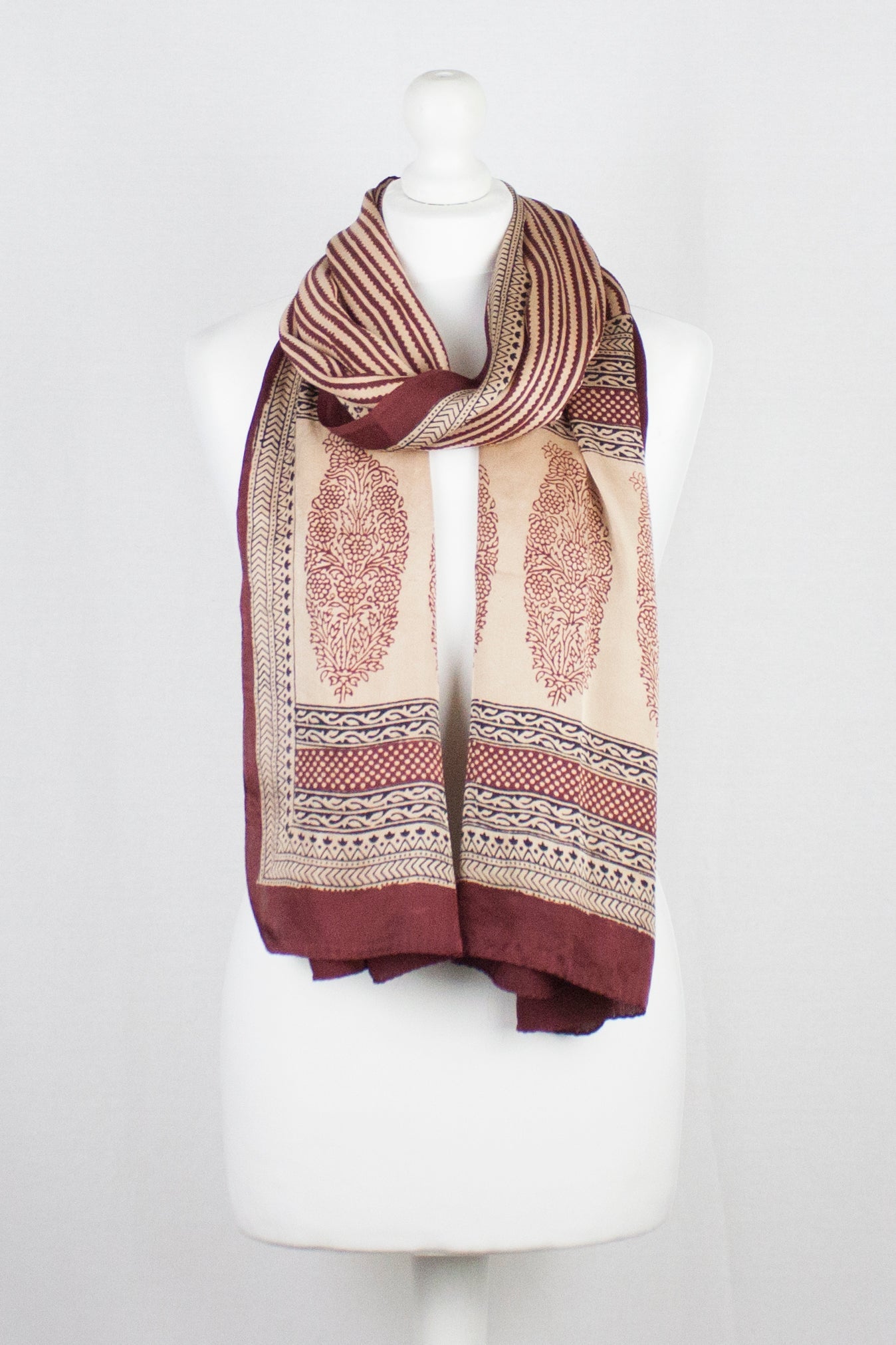 Red Edgy Stripes Hand Block Print Silk Scarf