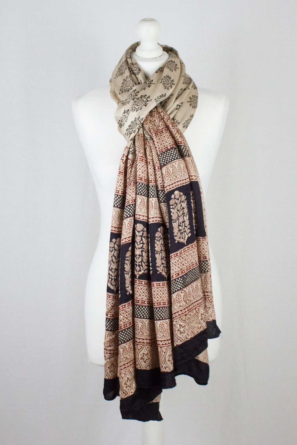 Leaf Print Hand Block Silk Scarf in Off White and Black