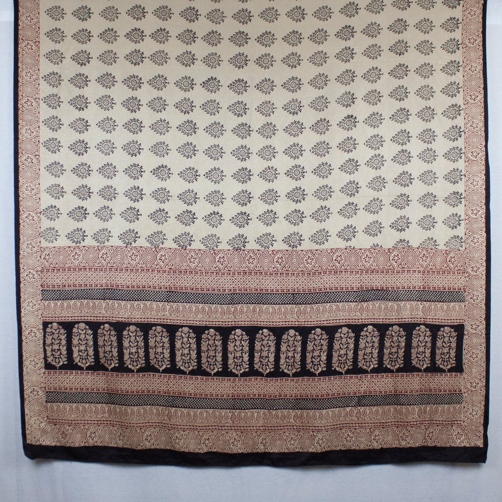 Leaf Print Hand Block Silk Scarf in Off White and Black