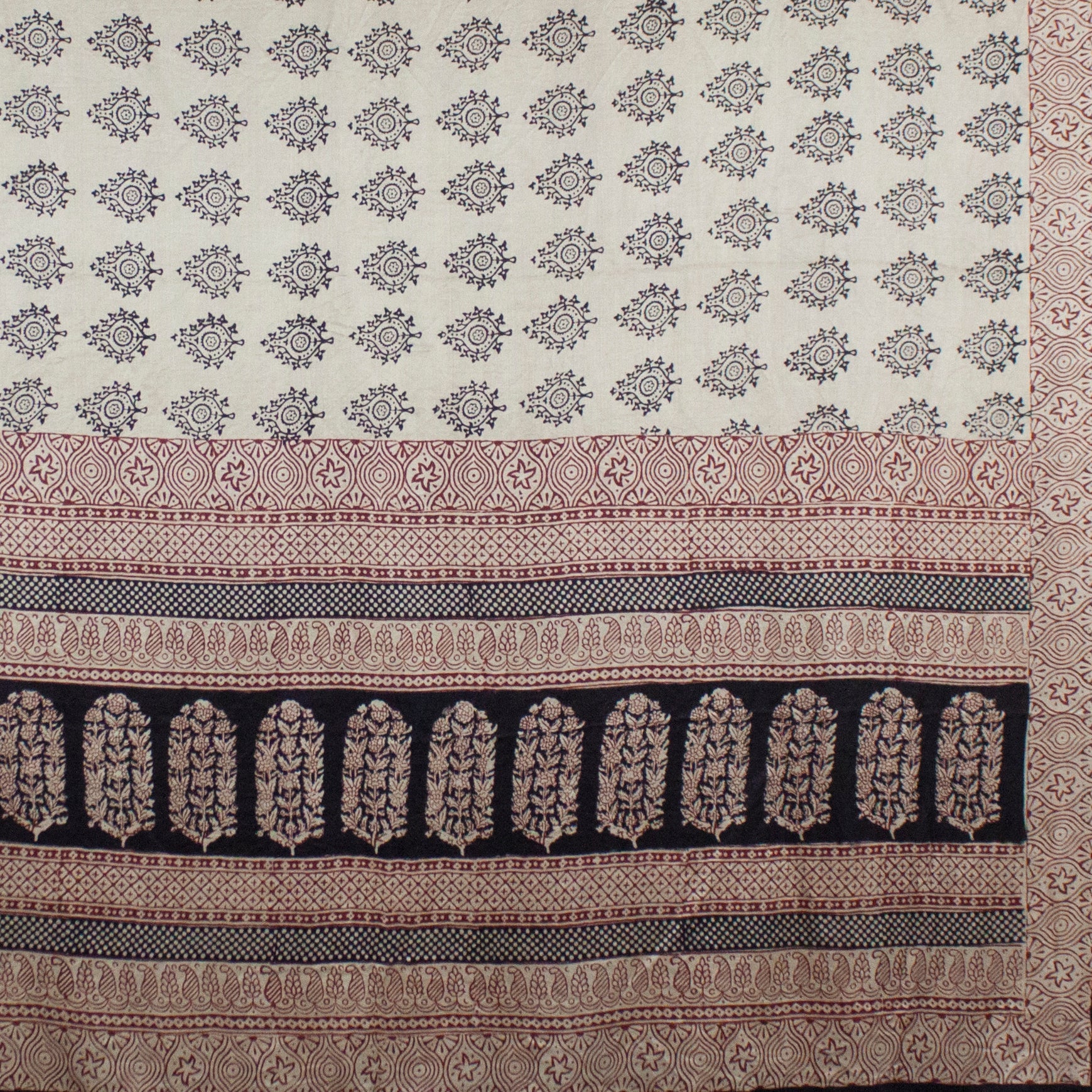 Leaf Print Hand Block Silk Scarf in Off White and Black