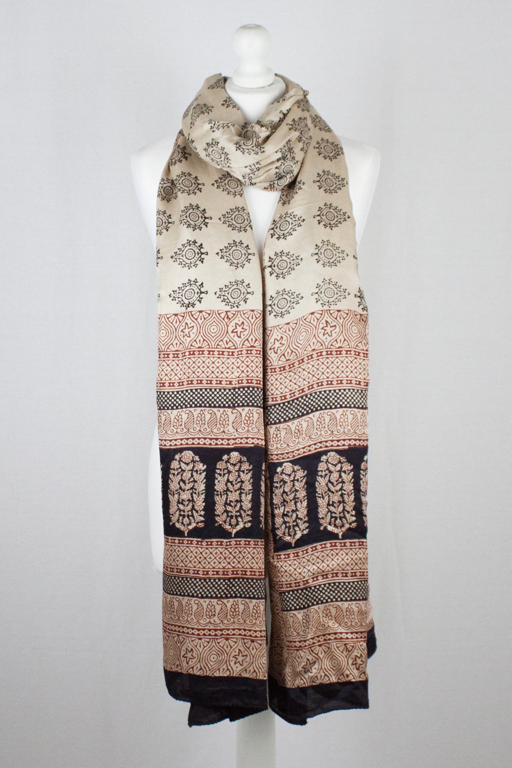 Leaf Print Hand Block Silk Scarf in Off White and Black