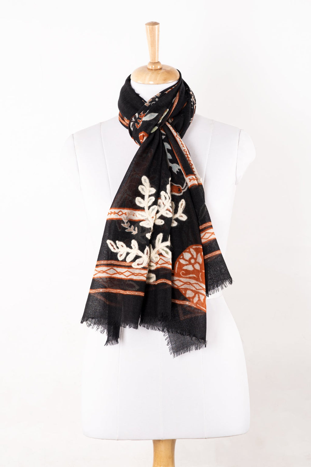 Black Floral Embroidered Merino Wool Scarf