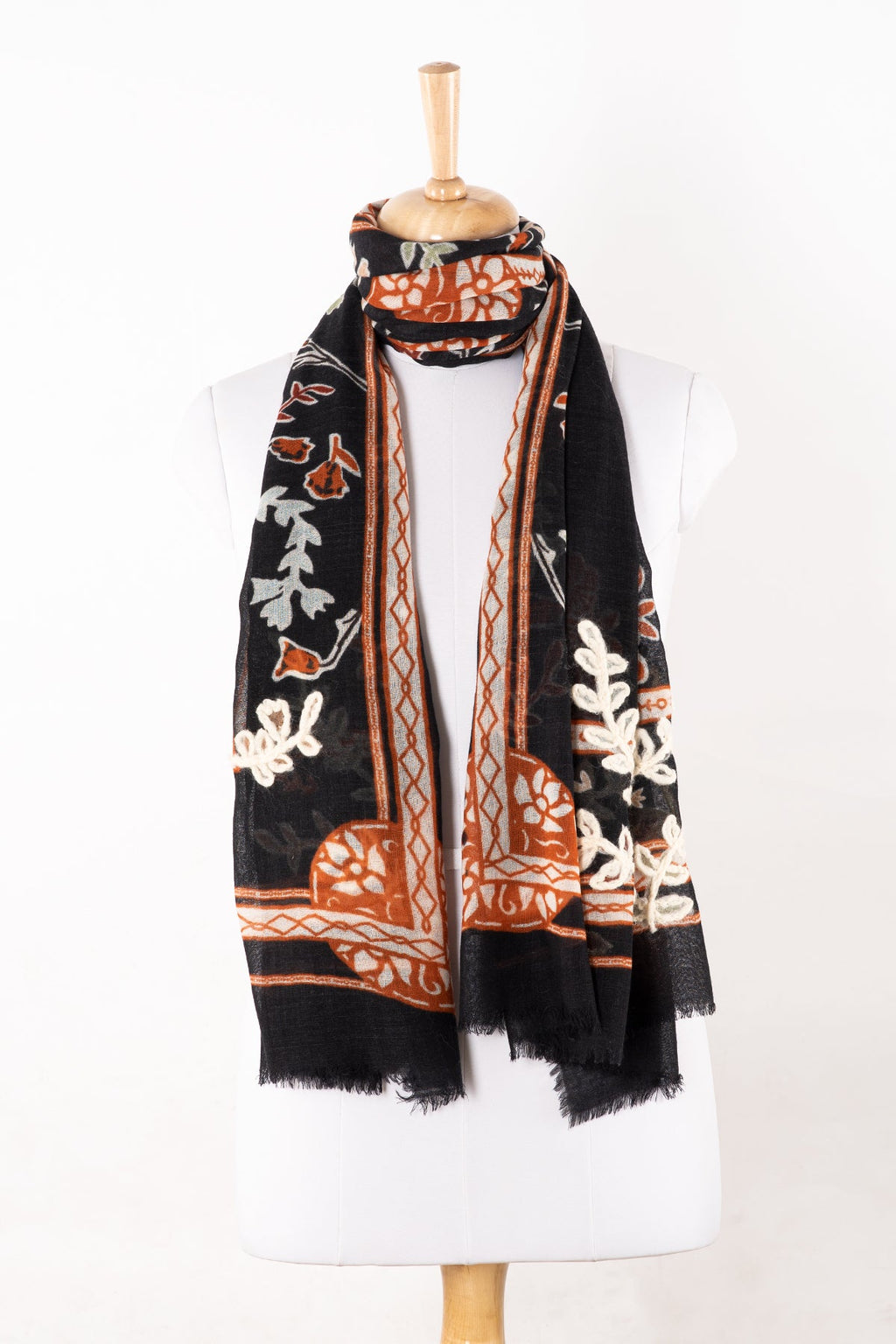 Black Floral Embroidered Merino Wool Scarf