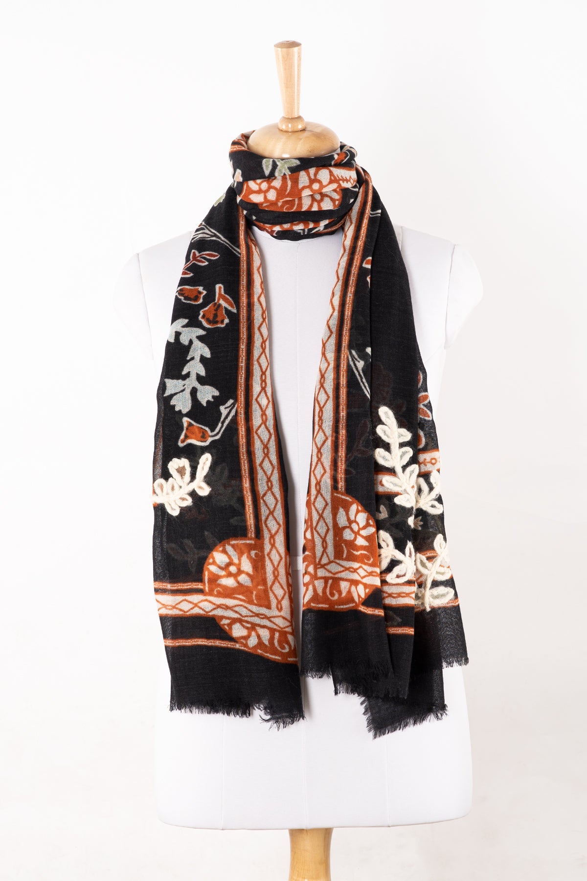 Black Floral Embroidered Merino Wool Scarf