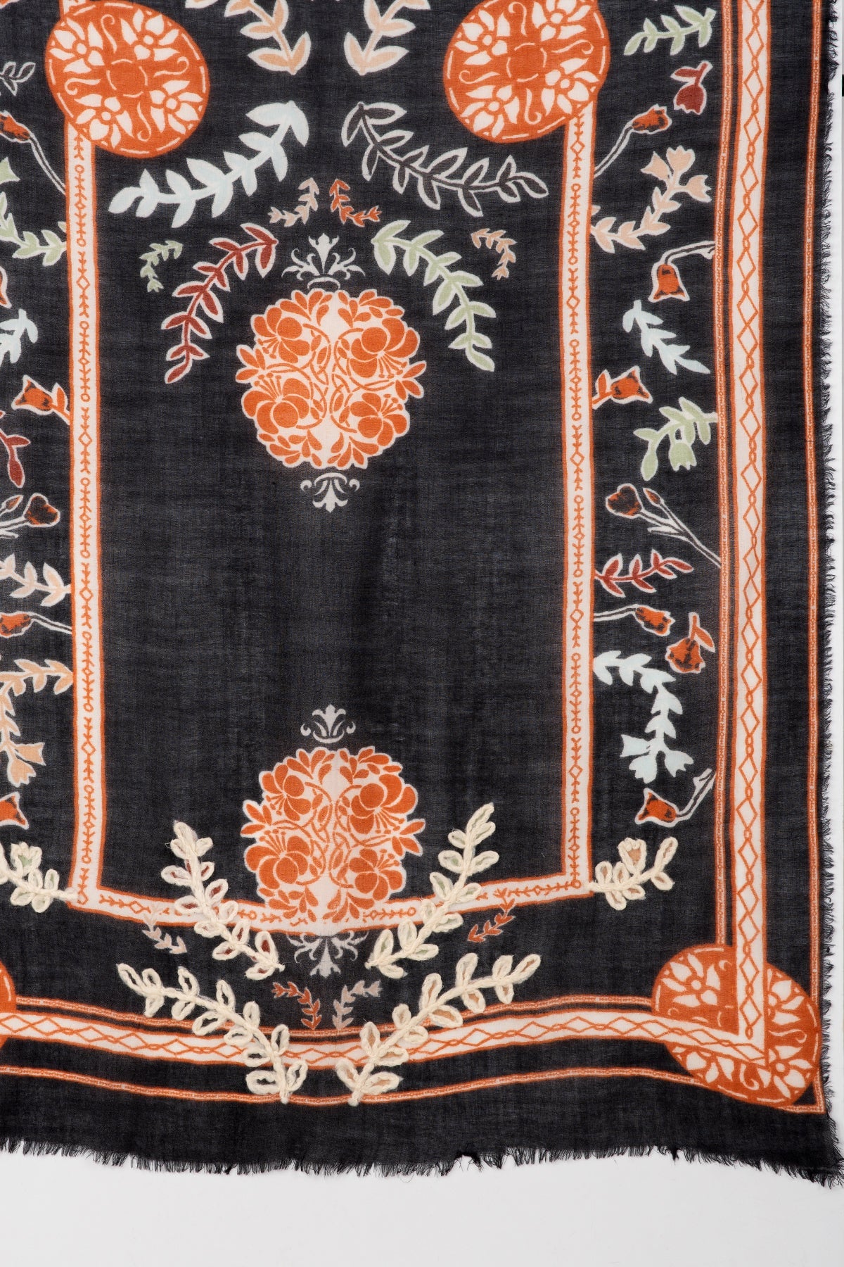 Black Floral Embroidered Merino Wool Scarf