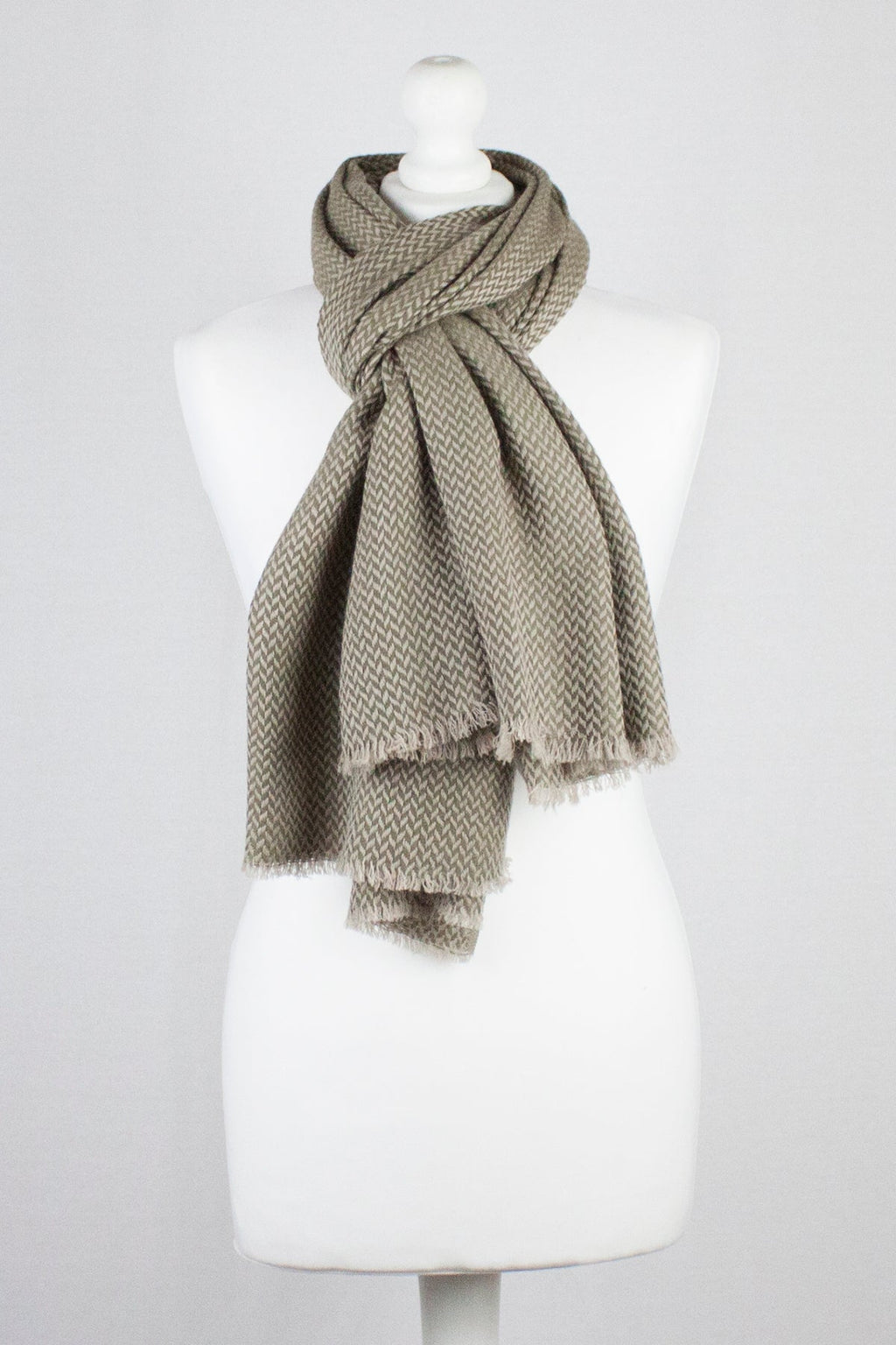 Chevron Weave Two Tone Merino Wool Scarf in Olive Beige