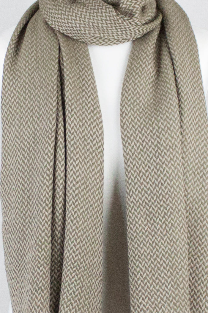 Chevron Weave Two Tone Merino Wool Scarf in Olive Beige