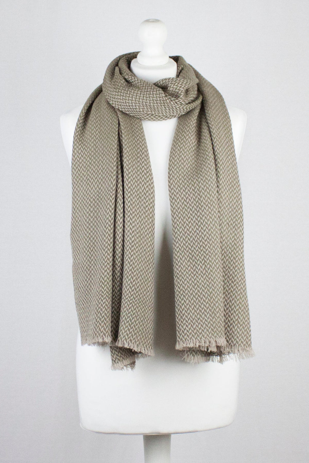 Chevron Weave Two Tone Merino Wool Scarf in Olive Beige