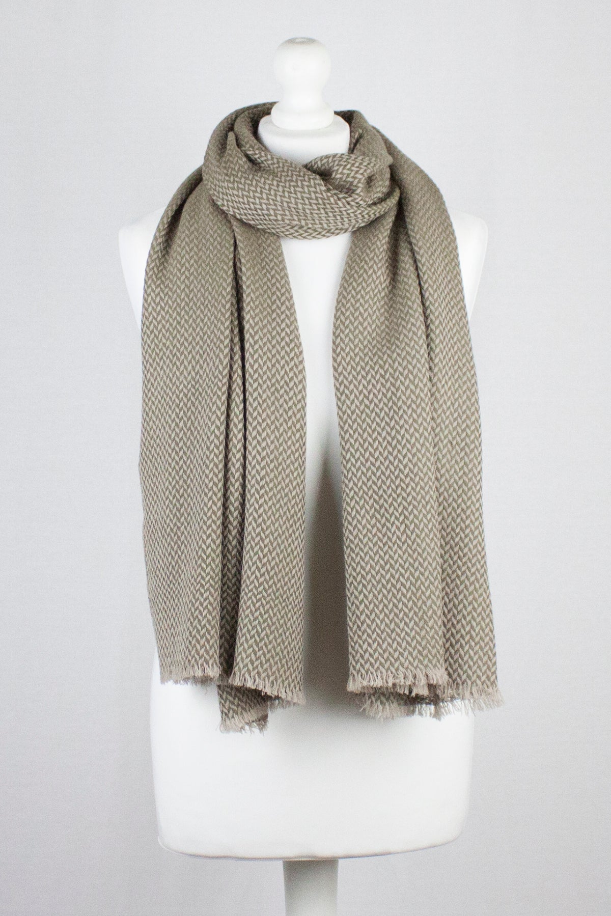 Chevron Weave Two Tone Merino Wool Scarf in Olive Beige