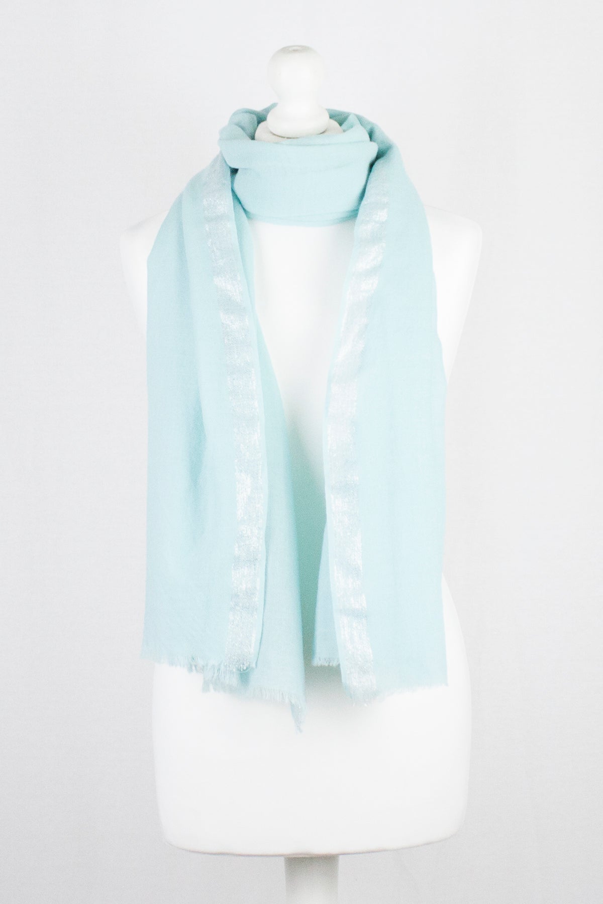 Mint Green Merino Wool Scarf with Silver Lurex Border